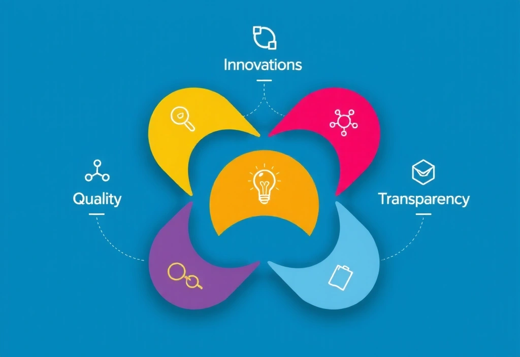 Imagine conceptuală a valorilor companiei: inovație, calitate, transparență și pasiune reprezentate prin simboluri abstracte și interconectate.