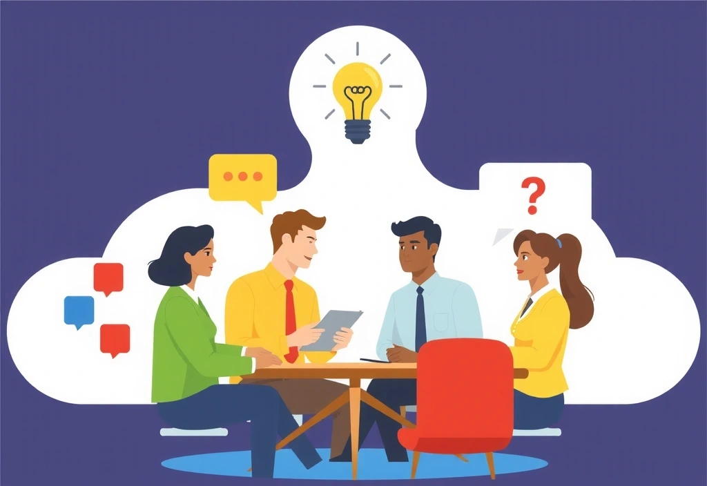 Ilustrație cu oameni discutând și făcând brainstorming