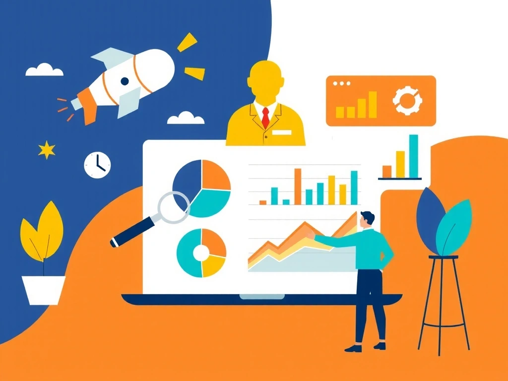 Ilustrație a marketingului digital, incluzând SEO, SMM, analiză de date și publicitate online