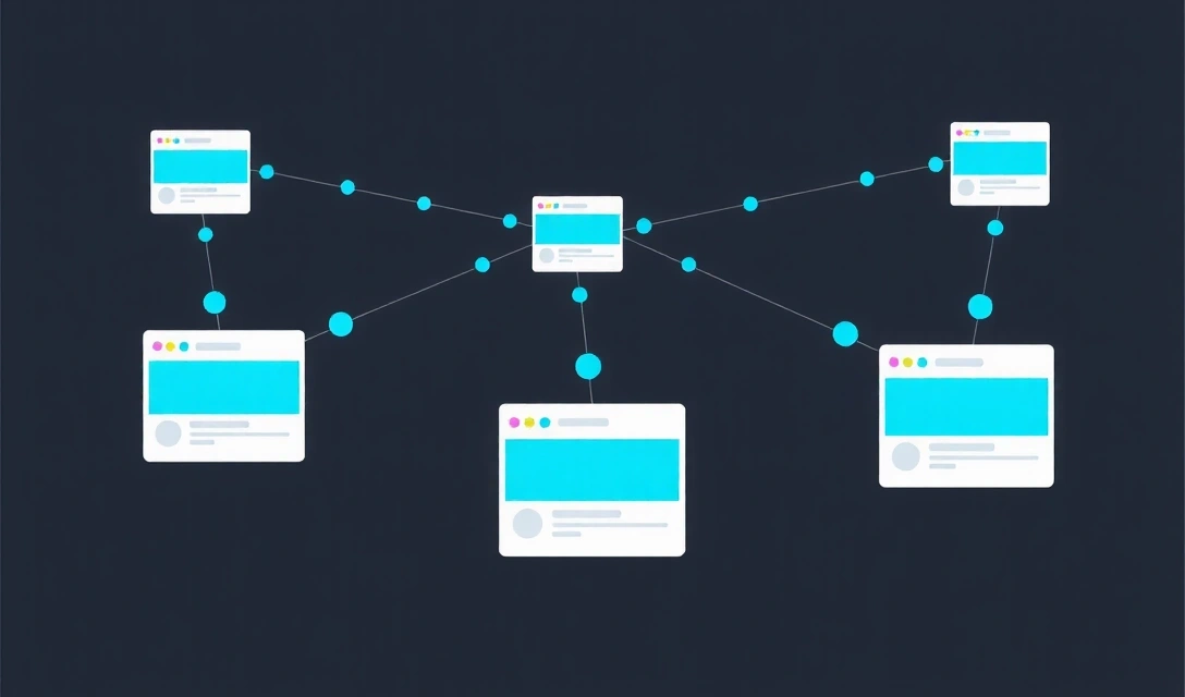 Ilustrație a unei rețele de site-uri web interconectate, simbolizând link-uri externe și interdependența online